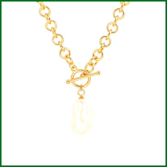Jewelry - 18k Gold Plated Chain Link Necklace with Baroque Pearl Pendant